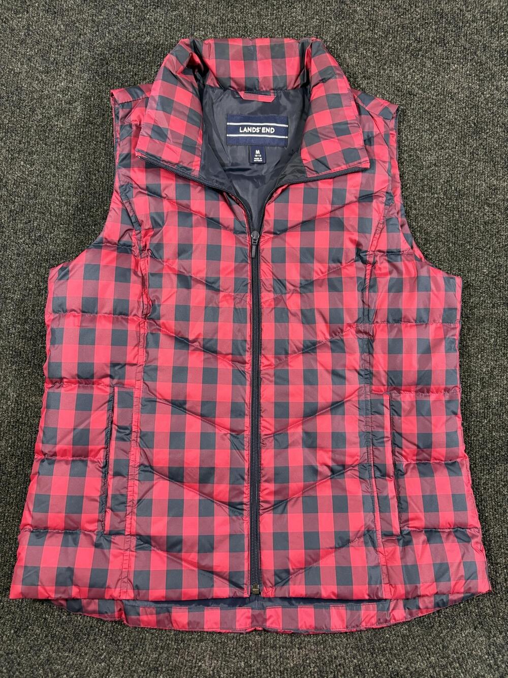 Lands' End Vest Youth M 10-12 Red Plaid Puffer Down Zip Quilted Insulated Winter